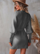 Belted Surplice Lantern Sleeve Wrap Sweater Dress - MeadeuxBelted Surplice Lantern Sleeve Wrap Sweater DressSweaterMeadeux