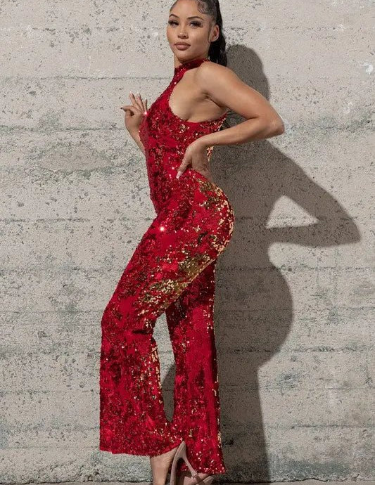 CHANEL BELL BOTTOM STRETCHY RED SEQUIN JUMPSUIT - MeadeuxCHANEL BELL BOTTOM STRETCHY RED SEQUIN JUMPSUITJumpsuitMeadeux