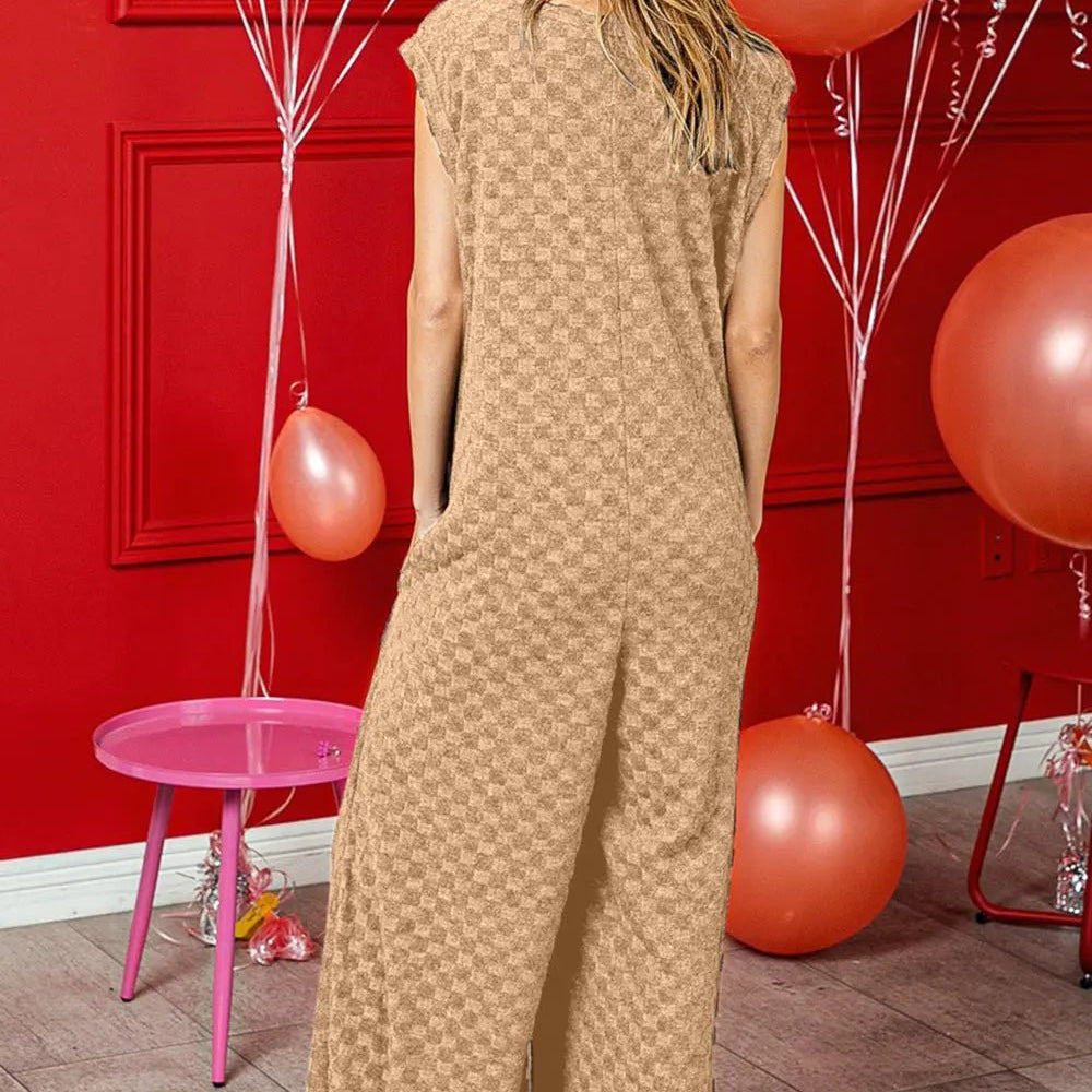 CHECKERED CAP SLEEVE WIDE LEG JUMPSUIT WITH POCKETS - MeadeuxCHECKERED CAP SLEEVE WIDE LEG JUMPSUIT WITH POCKETSJumpsuitMeadeux
