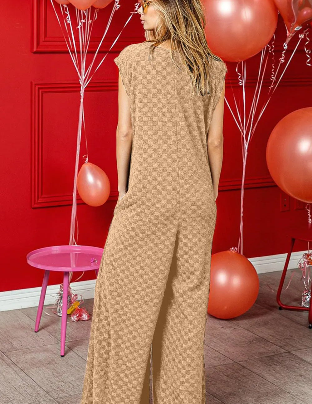 CHECKERED CAP SLEEVE WIDE LEG JUMPSUIT WITH POCKETS - MeadeuxCHECKERED CAP SLEEVE WIDE LEG JUMPSUIT WITH POCKETSJumpsuitMeadeux