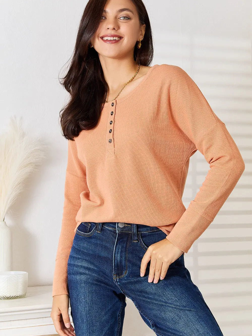 LONG SLEEVE PULLOVER HALF BUTTON BLOUSE - MeadeuxLONG SLEEVE PULLOVER HALF BUTTON BLOUSETopsMeadeux