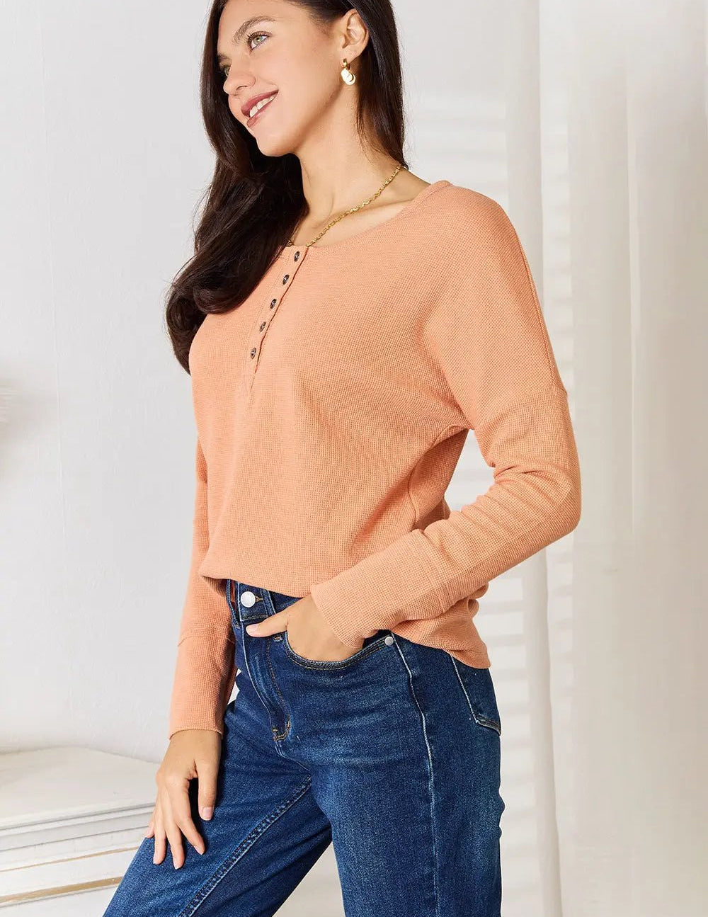 LONG SLEEVE PULLOVER HALF BUTTON BLOUSE - MeadeuxLONG SLEEVE PULLOVER HALF BUTTON BLOUSETopsMeadeux