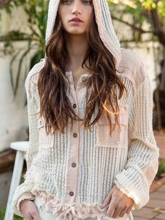 OPEN KNIT BUTTON DOWN HOODED SHIRT WITH POCKETS - MeadeuxOPEN KNIT BUTTON DOWN HOODED SHIRT WITH POCKETSTopsMeadeux