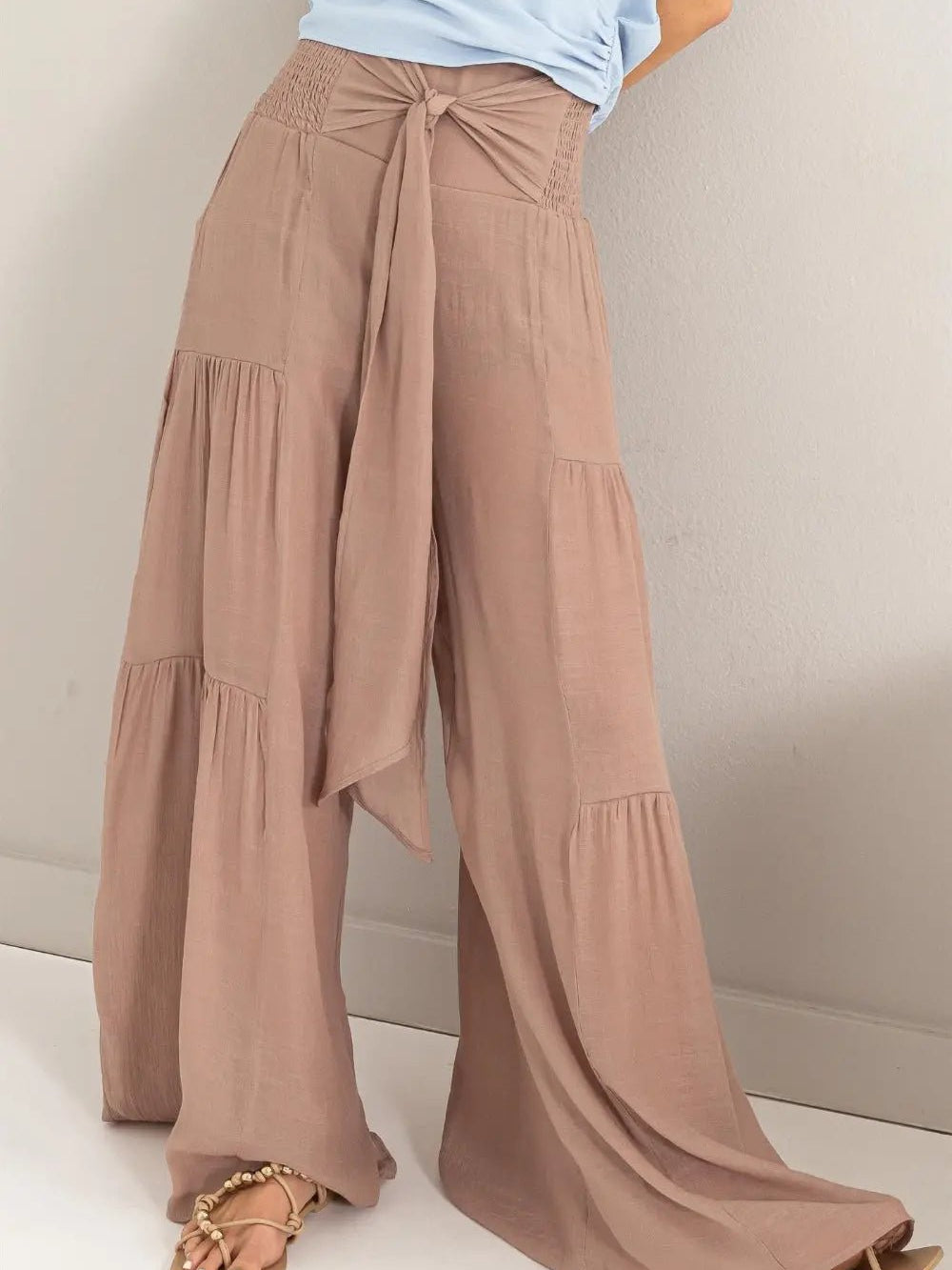 RUCHED TIERED TIE FRONT WIDE LEG PANTS LOOSE FIT TROUSERS - MeadeuxRUCHED TIERED TIE FRONT WIDE LEG PANTS LOOSE FIT TROUSERSBottomsMeadeux