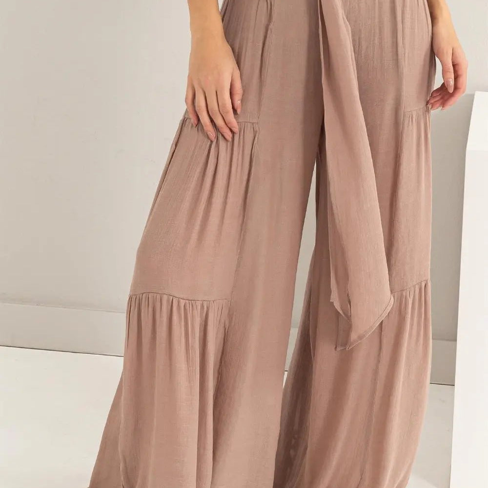 RUCHED TIERED TIE FRONT WIDE LEG PANTS LOOSE FIT TROUSERS - MeadeuxRUCHED TIERED TIE FRONT WIDE LEG PANTS LOOSE FIT TROUSERSBottomsMeadeux
