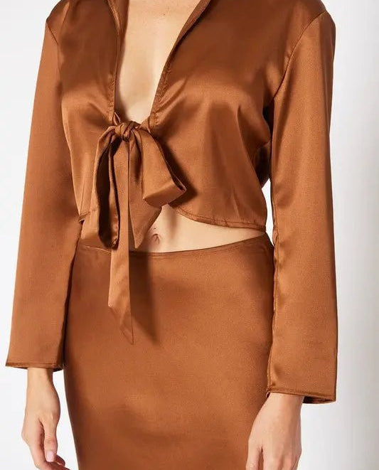 Satin Long Sleeve Collared Tie Front Shirt - MeadeuxSatin Long Sleeve Collared Tie Front ShirtBlouseMeadeux