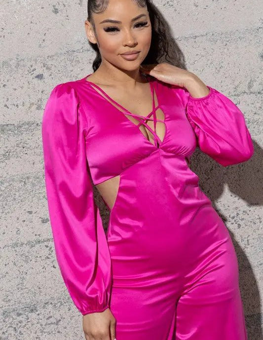 STRETCHY SATIN JUMPSUIT WITH LONG PUFFY SLEEVES - MeadeuxSTRETCHY SATIN JUMPSUIT WITH LONG PUFFY SLEEVESJumpsuitMeadeux