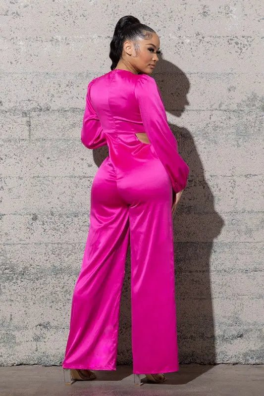 STRETCHY SATIN JUMPSUIT WITH LONG PUFFY SLEEVES - MeadeuxSTRETCHY SATIN JUMPSUIT WITH LONG PUFFY SLEEVESJumpsuitMeadeux