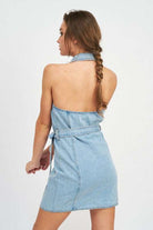 BUTTON DOWN DENIM MINI DRESS WITH BELT Meadeux
