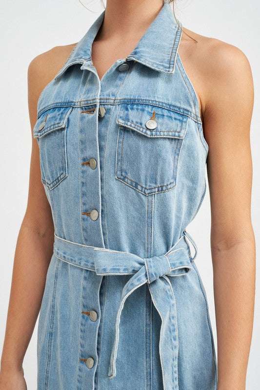 BUTTON DOWN DENIM MINI DRESS WITH BELT Meadeux