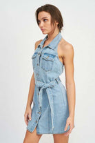 BUTTON DOWN DENIM MINI DRESS WITH BELT Meadeux