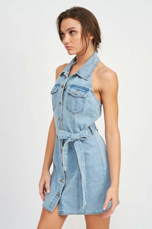 BUTTON DOWN DENIM MINI DRESS WITH BELT Meadeux