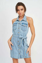 BUTTON DOWN DENIM MINI DRESS WITH BELT Meadeux