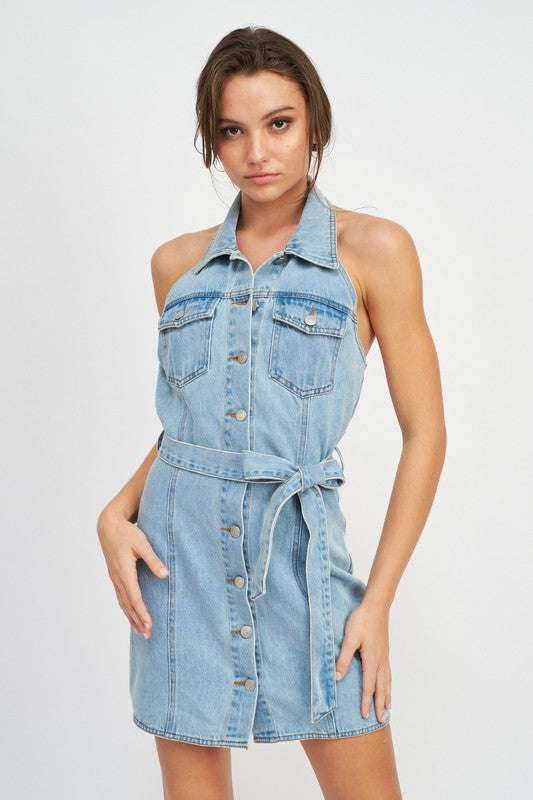 BUTTON DOWN DENIM MINI DRESS WITH BELT Meadeux