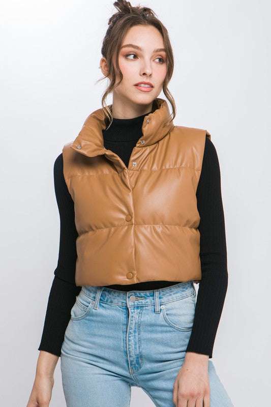PU Faux Leather puffer West With Snap Button Meadeux