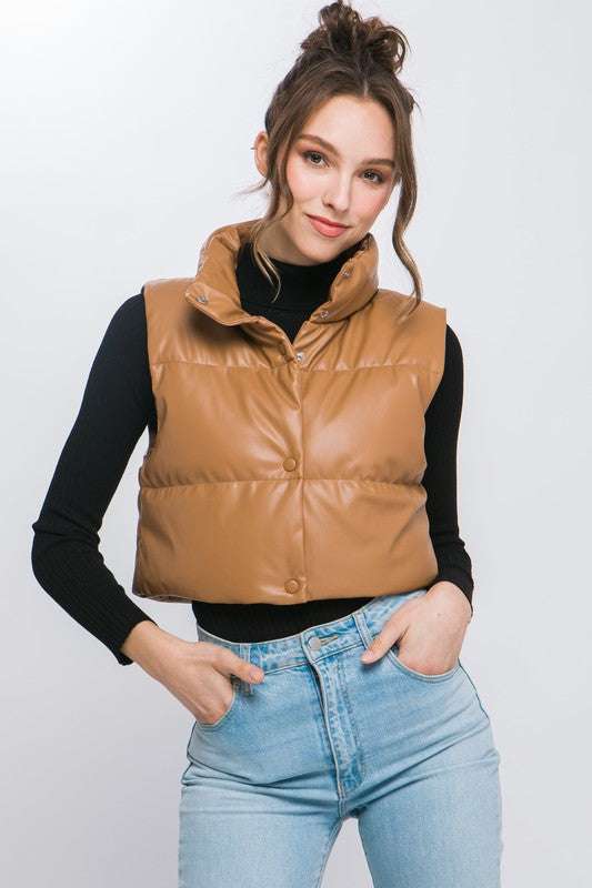 PU Faux Leather puffer West With Snap Button Meadeux