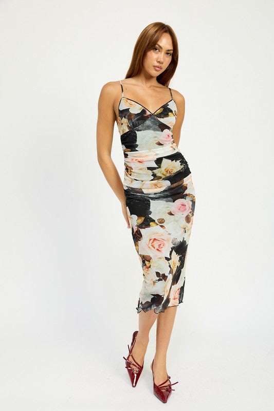 RUCHED MIDI V NECK DRESS Meadeux