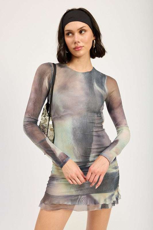 LONG SLEEVE RUFFLED MINI DRESS WITH CUTOUT Meadeux