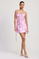 FLORAL MINI SATIN DRESS WITH SPAGHETTI STRAPS Meadeux