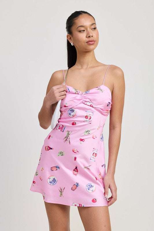 FLORAL MINI SATIN DRESS WITH SPAGHETTI STRAPS Meadeux