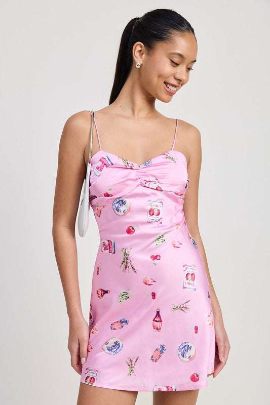 FLORAL MINI SATIN DRESS WITH SPAGHETTI STRAPS Meadeux
