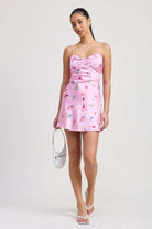 FLORAL MINI SATIN DRESS WITH SPAGHETTI STRAPS Meadeux