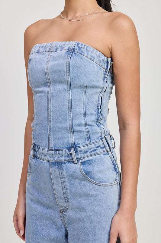 STRAPLESS DENIM JUMPSUIT Meadeux
