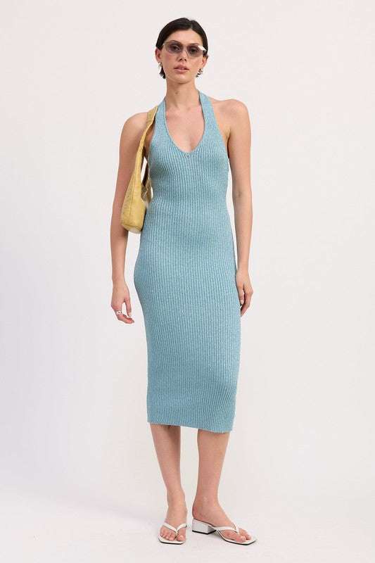KNIT HALTER BODYCON MIDI DRESS Meadeux