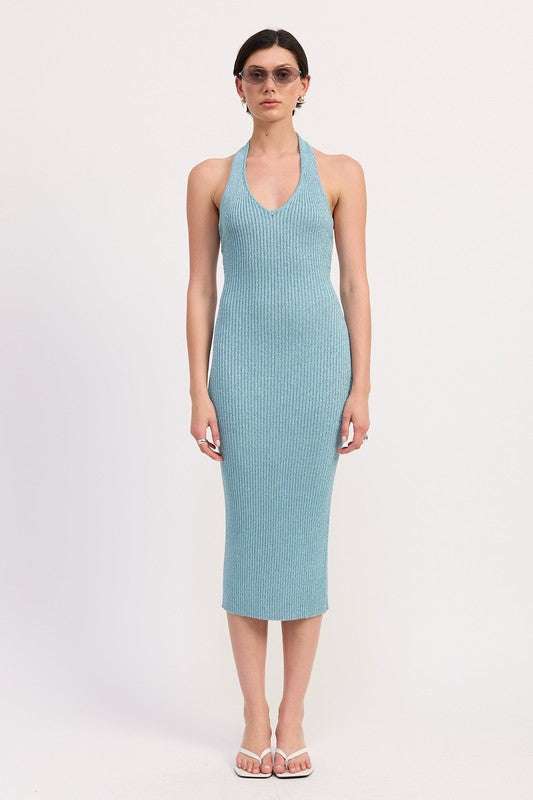 KNIT HALTER BODYCON MIDI DRESS Meadeux