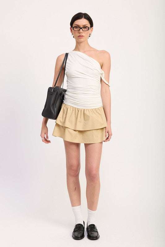 ONE-SHOULDER RUCHED LATERED MINI DRESS Meadeux