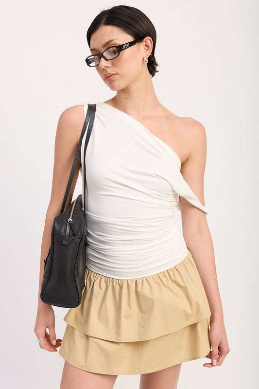 ONE-SHOULDER RUCHED LATERED MINI DRESS Meadeux