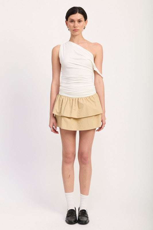 ONE-SHOULDER RUCHED LATERED MINI DRESS Meadeux