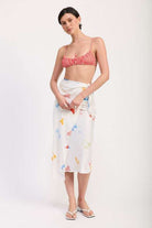 PRINTED SATIN MIDI SKIRT WITH SIDE RUCHE Meadeux
