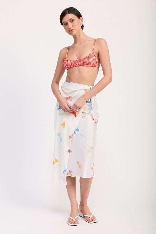PRINTED SATIN MIDI SKIRT WITH SIDE RUCHE Meadeux