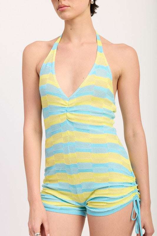 STRIPED KNIT HALTER NECK ROMPER WITH DRAWSTRINGS Meadeux