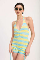 STRIPED KNIT HALTER NECK ROMPER WITH DRAWSTRINGS Meadeux