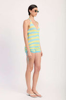STRIPED KNIT HALTER NECK ROMPER WITH DRAWSTRINGS Meadeux