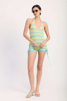 STRIPED KNIT HALTER NECK ROMPER WITH DRAWSTRINGS Meadeux