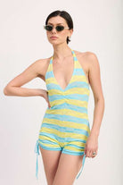 STRIPED KNIT HALTER NECK ROMPER WITH DRAWSTRINGS Meadeux