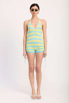 STRIPED KNIT HALTER NECK ROMPER WITH DRAWSTRINGS Meadeux