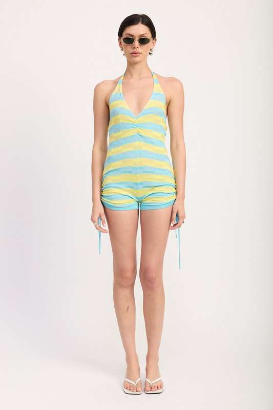 STRIPED KNIT HALTER NECK ROMPER WITH DRAWSTRINGS Meadeux