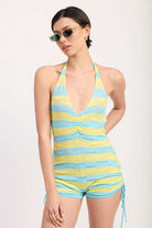 STRIPED KNIT HALTER NECK ROMPER WITH DRAWSTRINGS Meadeux