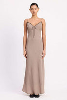 BIAS CUT FLARED MAXI DRESS WITH LACE TRIM Meadeux
