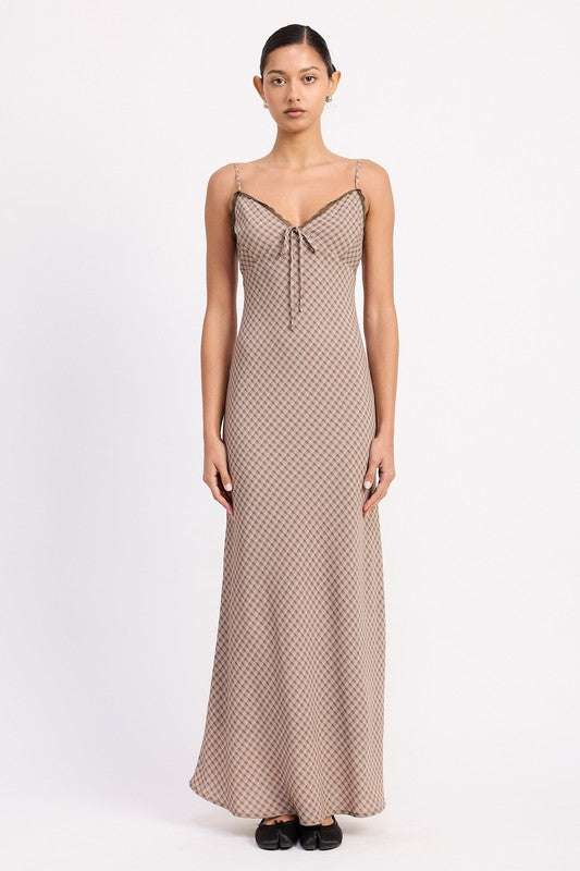 BIAS CUT FLARED MAXI DRESS WITH LACE TRIM Meadeux