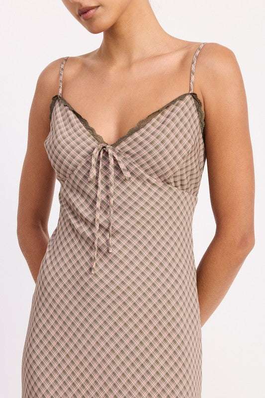 BIAS CUT FLARED MAXI DRESS WITH LACE TRIM Meadeux
