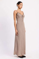 BIAS CUT FLARED MAXI DRESS WITH LACE TRIM Meadeux