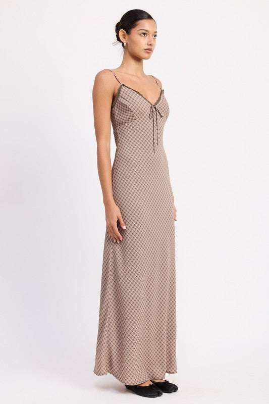 BIAS CUT FLARED MAXI DRESS WITH LACE TRIM Meadeux