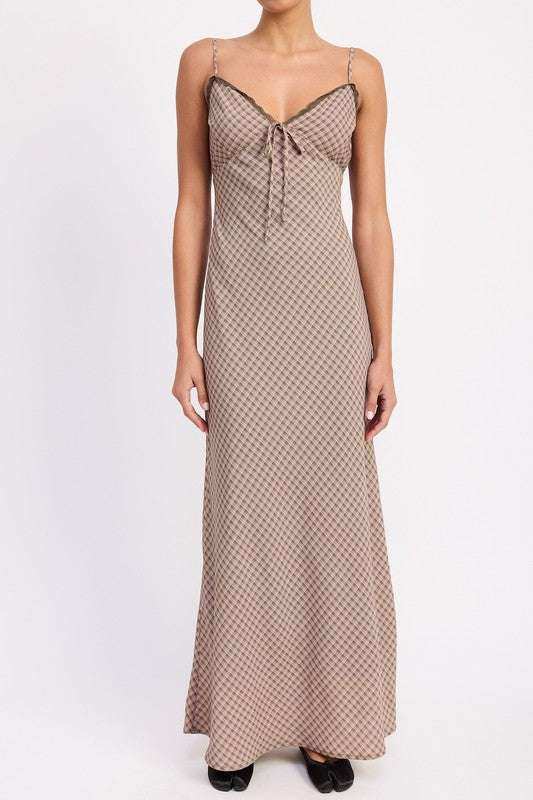 BIAS CUT FLARED MAXI DRESS WITH LACE TRIM Meadeux