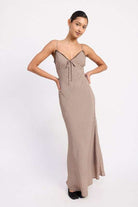 BIAS CUT FLARED MAXI DRESS WITH LACE TRIM Meadeux