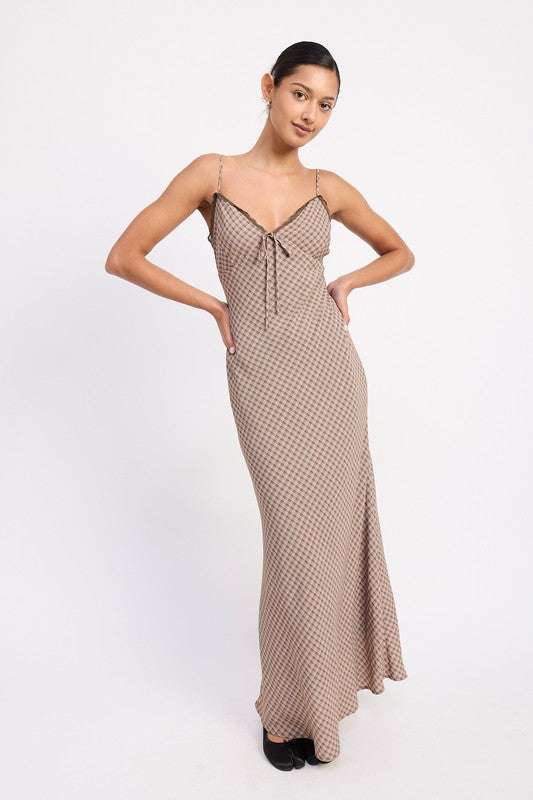 BIAS CUT FLARED MAXI DRESS WITH LACE TRIM Meadeux